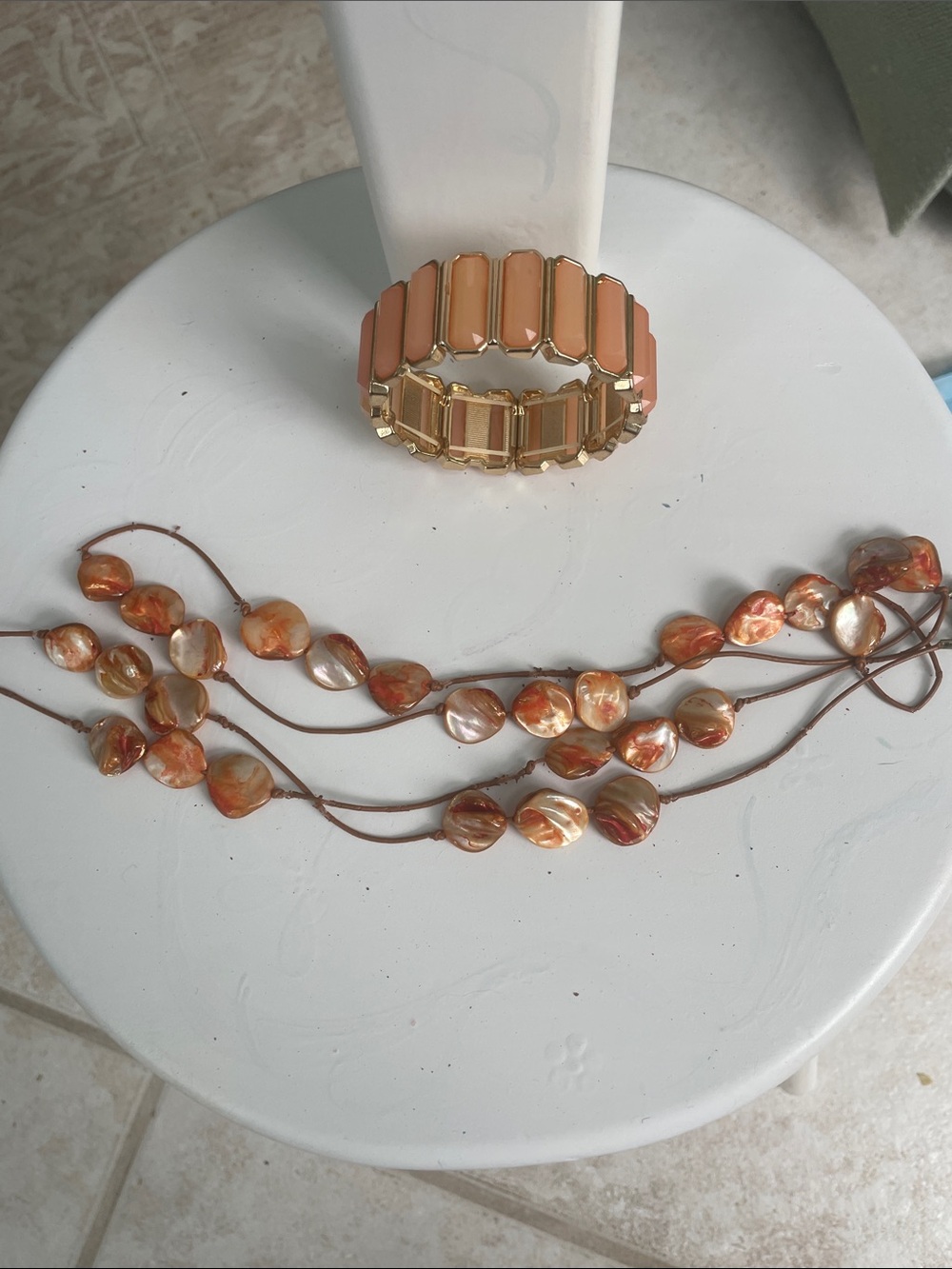 Peach Shell Bead Necklace with Peach and Gold Stretch Bracelet